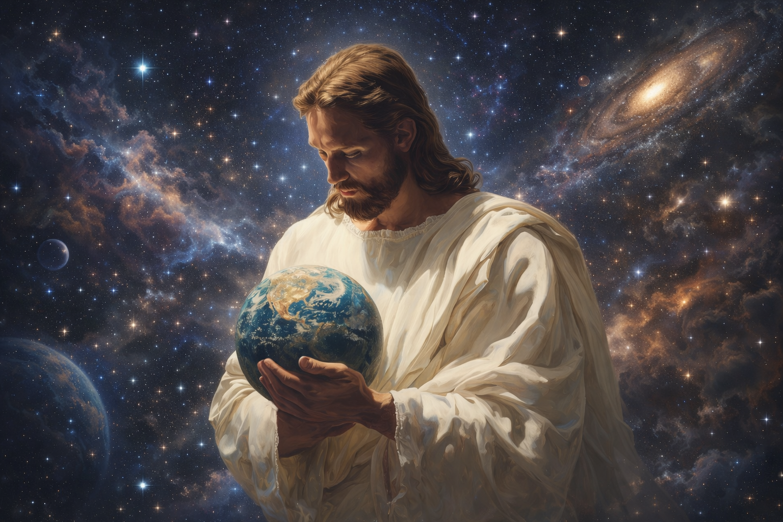 Jesus in purpurnem Gewand, die Arme ausgestreckt, mit einem leuchtenden Herzen und himmlischem Hintergrund.