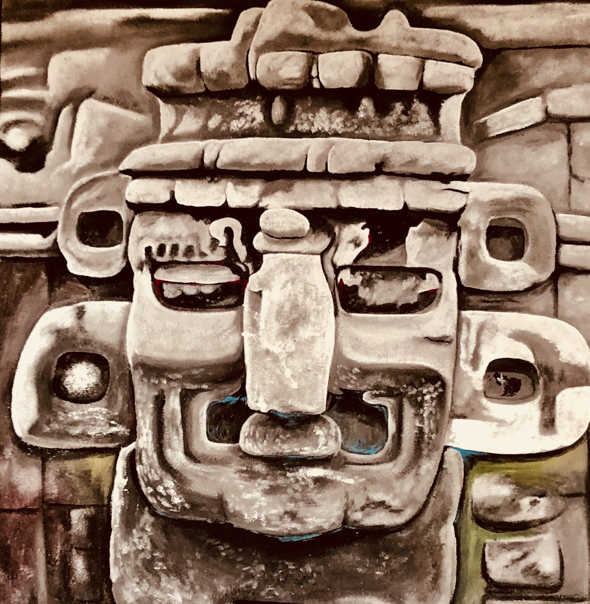 Ein Gemälde einer Steinstatue eines Mannes mit Bart.