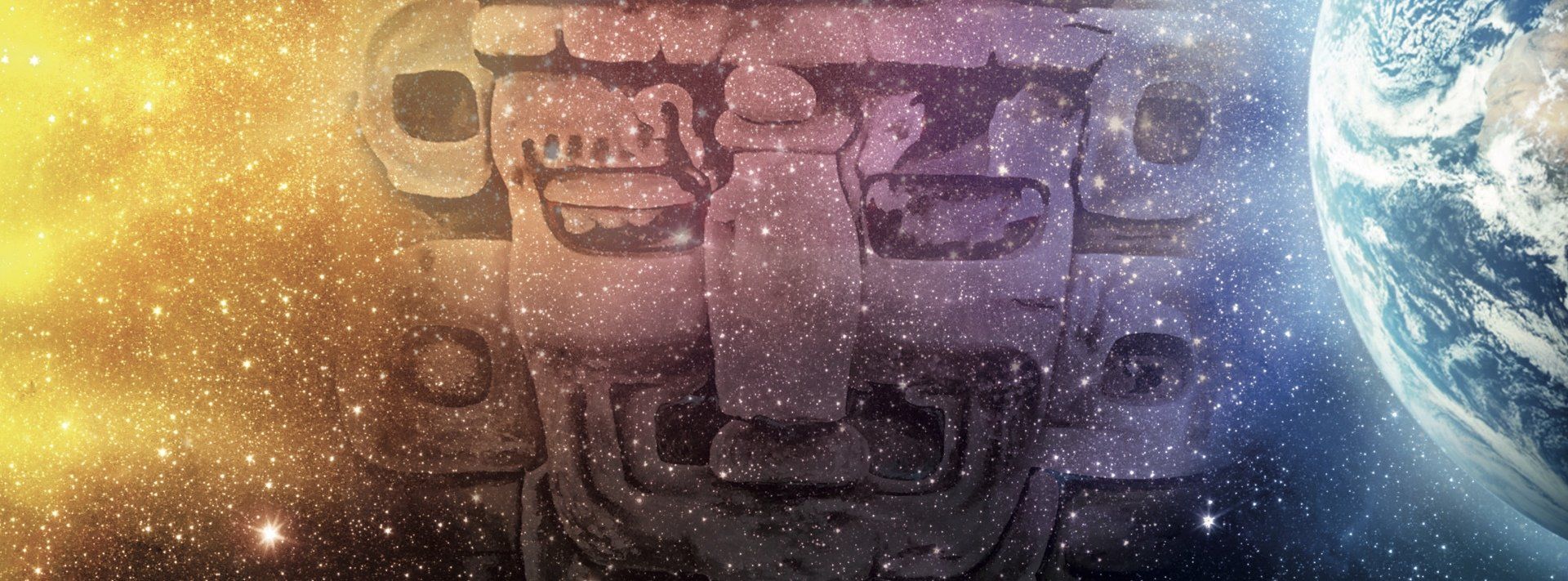 Eine Statue inmitten einer Galaxie mit einem Planeten im Hintergrund.