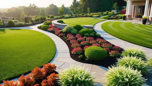 A lush green lawn with a walkway and flowers in front of a house