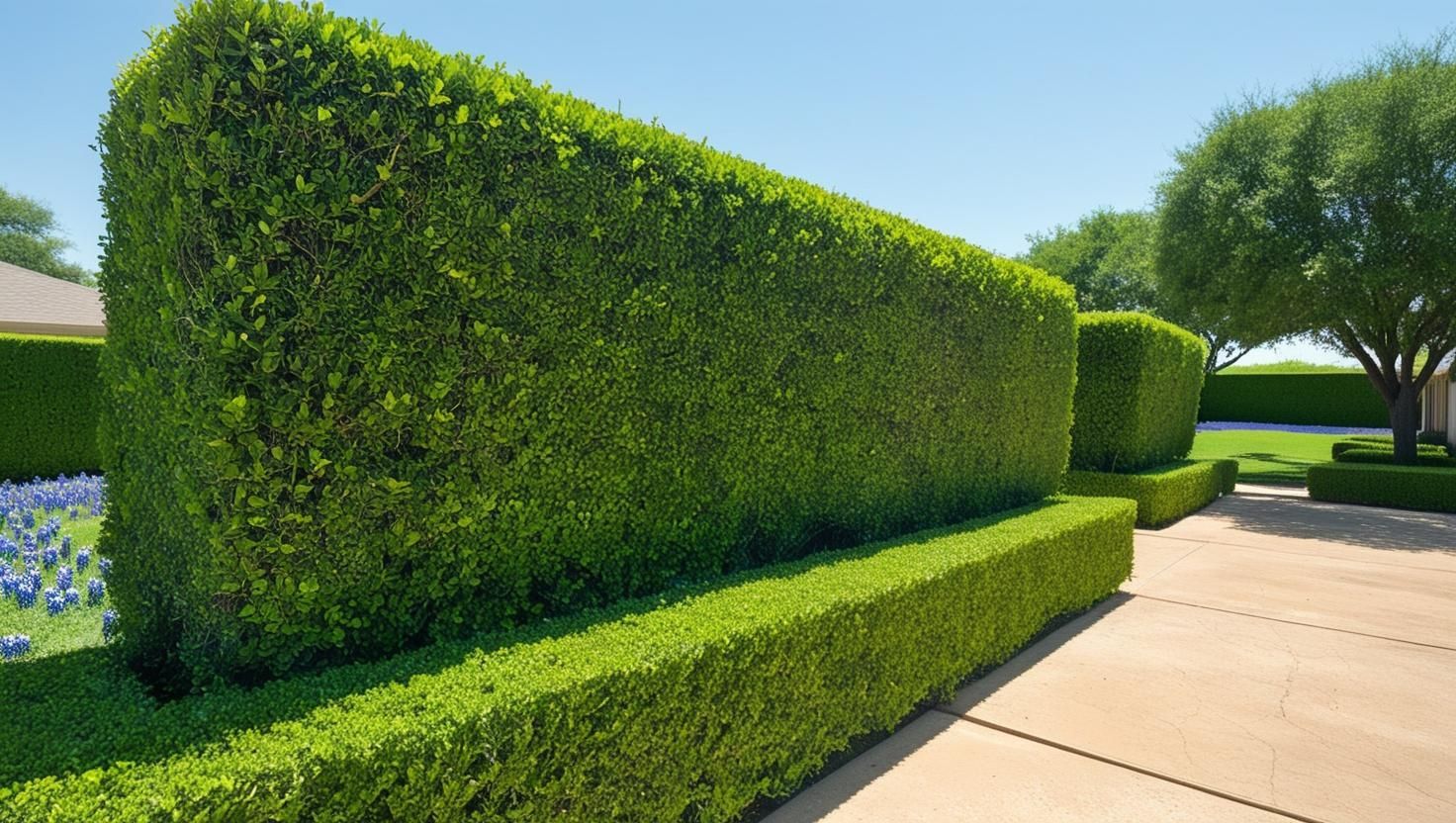 A row of hedges along a driveway in a garden.