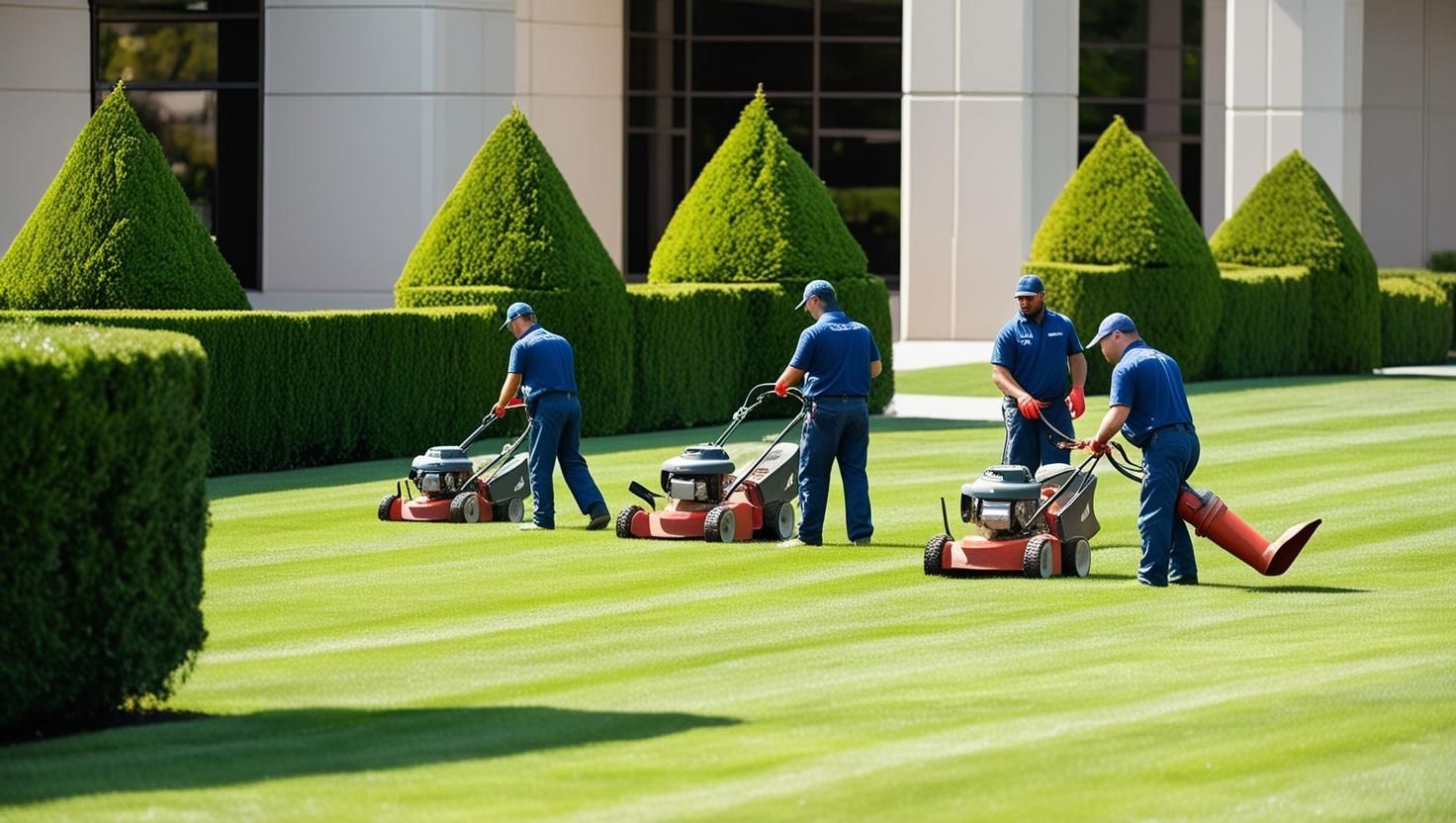 A group of men are mowing a lush green lawn.