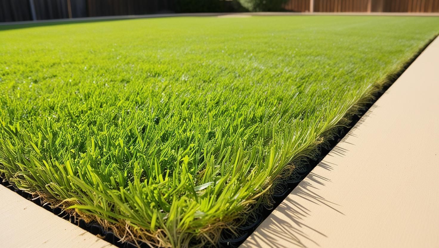 A close up of a lush green lawn next to a sidewalk.