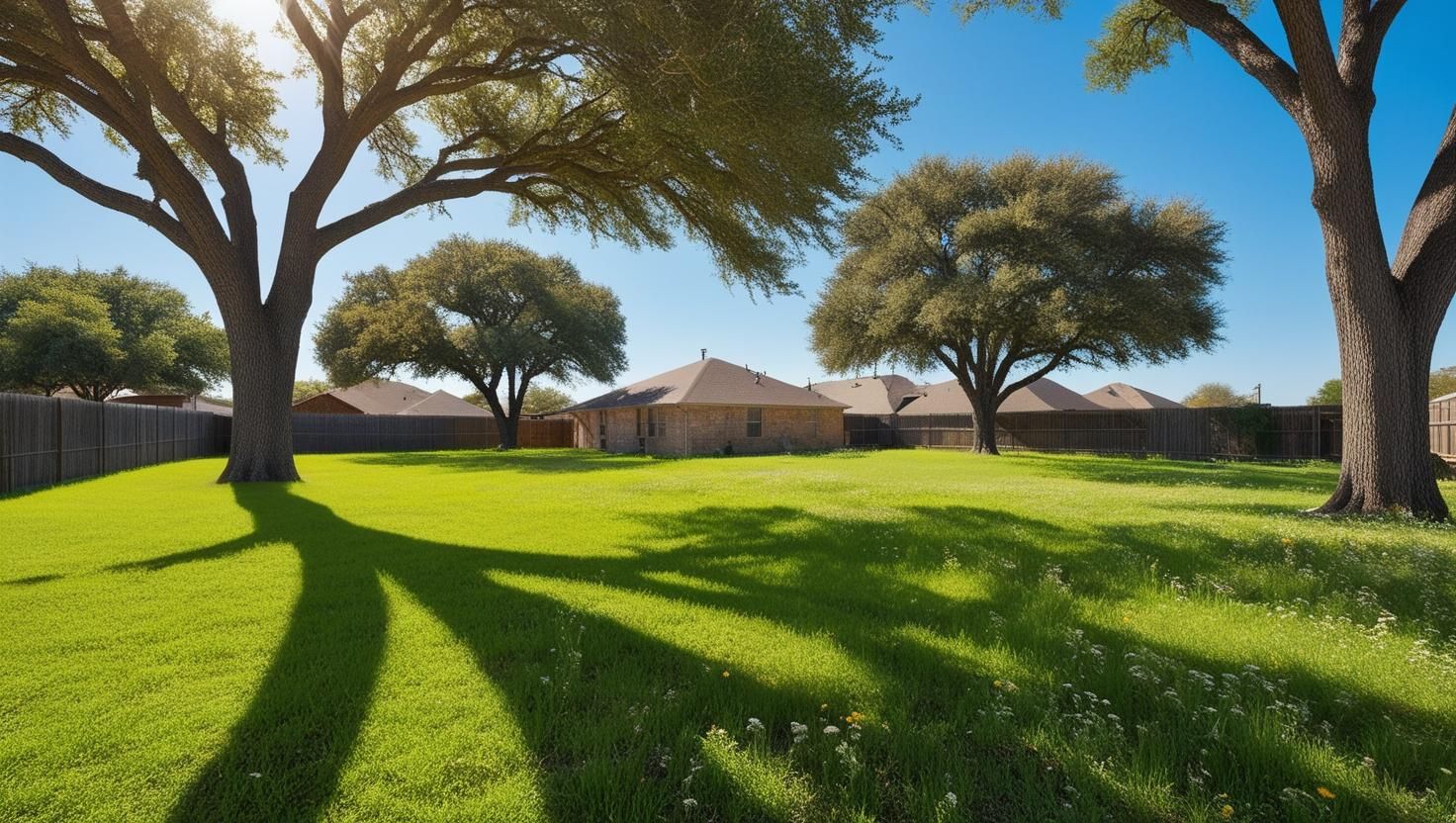 A lush green yard with trees and a house in the background