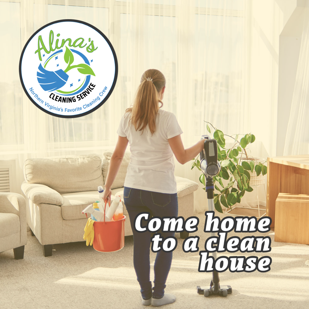 A woman vacuuming a living room, holding a cleaning bucket. Alina’s Cleaning Service logo. 