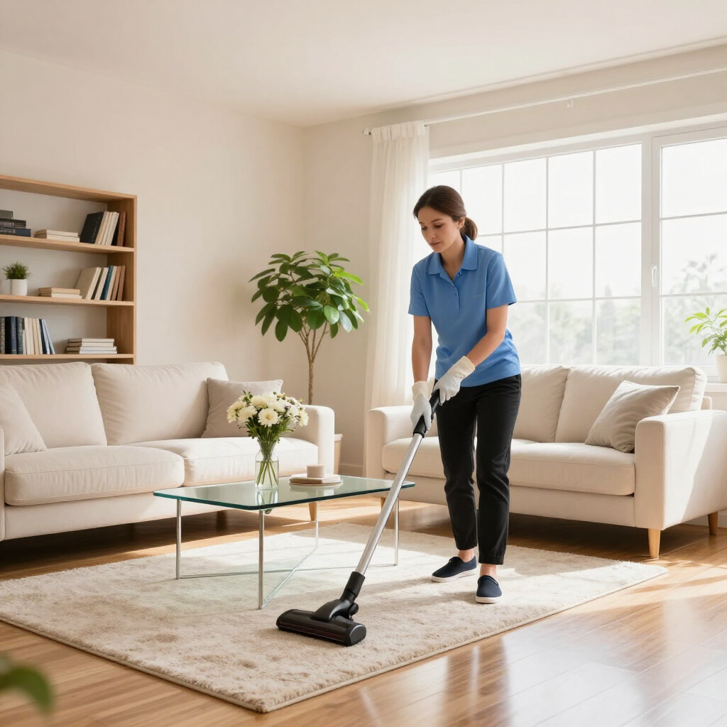 Person vacuuming a bright living room with beige sofas and a glass coffee table
