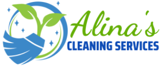 Logo for Alina's Cleaning Services. Features a blue and green icon with a plant, broom, and text.