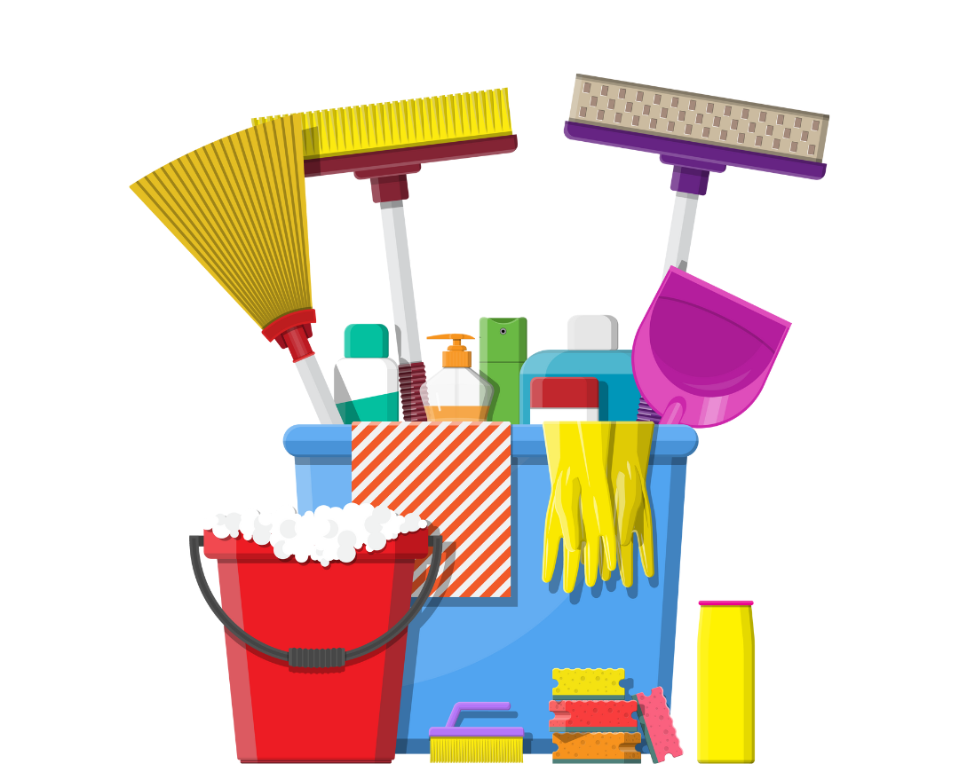 Cleaning supplies in a blue bucket: brooms, spray bottles, sponges, gloves, and a red bucket.