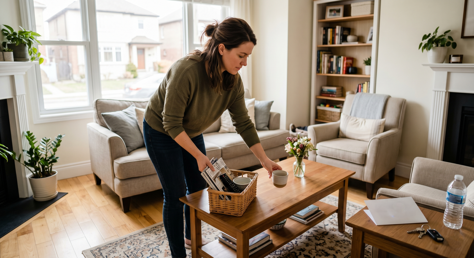Woman tidying a bright living room, arranging items on a coffee table beside a couch and armchair.