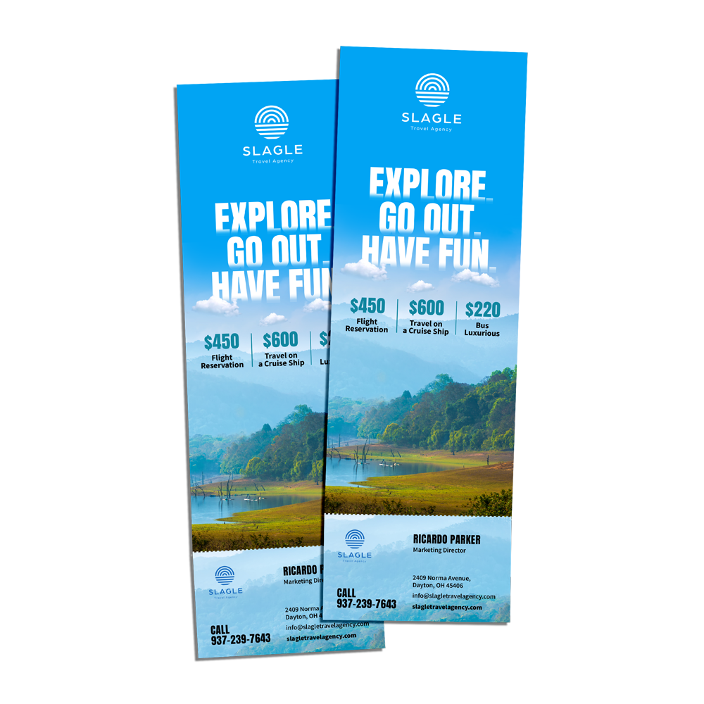 rack cards that say explore go out have fun