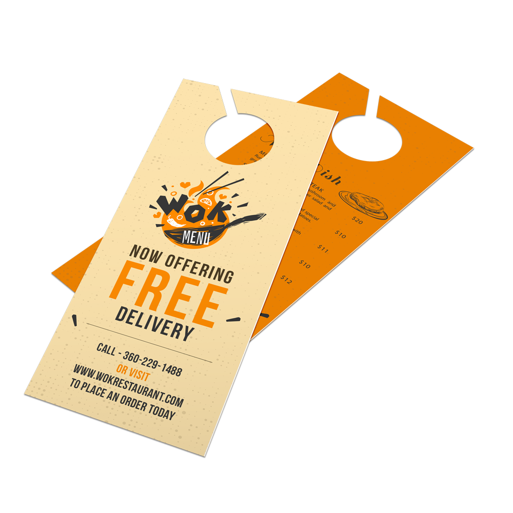 two door hangers for a restaurant offering free delivery