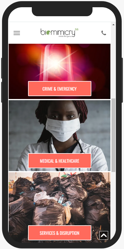 A mobile phone mock up showing a red siren, a female doctor and a pile of rubbish on the Botshabelo app prototype