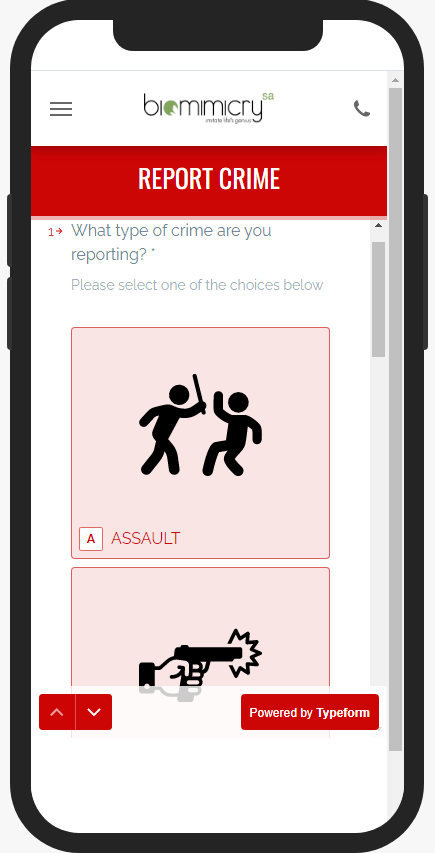 A mobile phone mock up showing an illustration of assault and gun fire on the Botshabelo app prototype