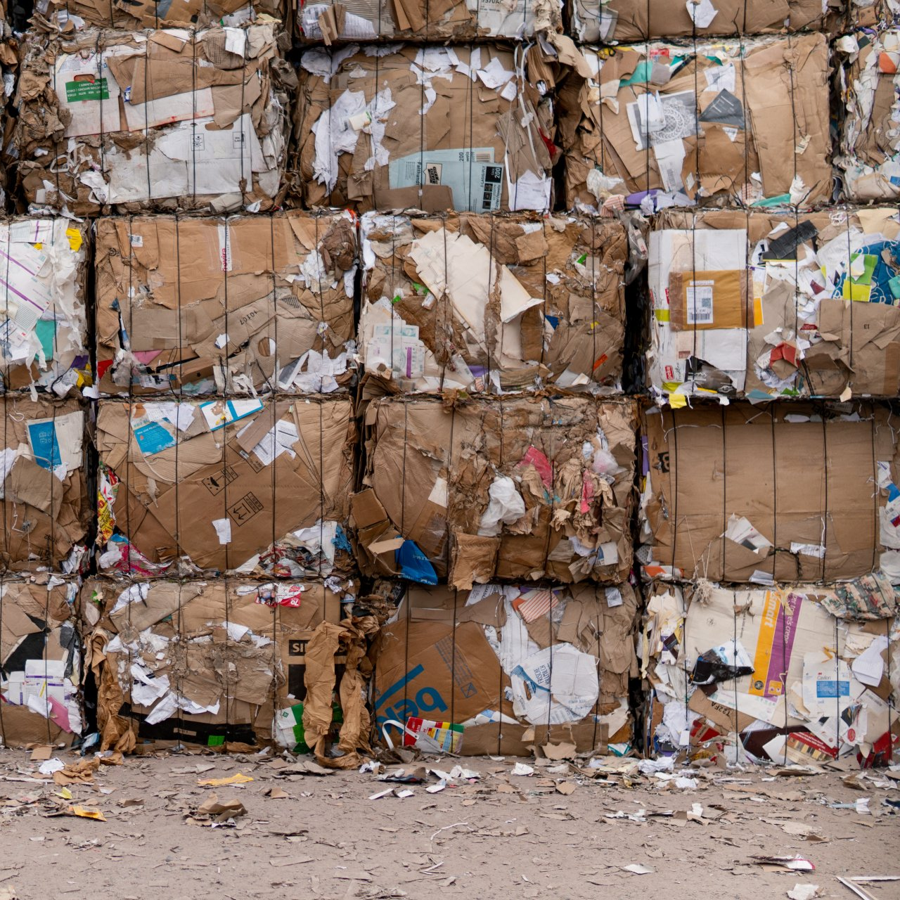 A wall of cardboard boxes containing paper litter