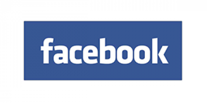 A blue and white facebook logo on a white background