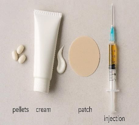 Pills, cream tube, skin patch, and syringe labeled for medication types