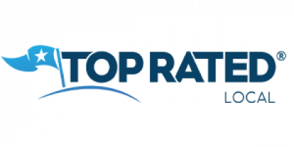 The logo for top rated local has a blue flag on it.