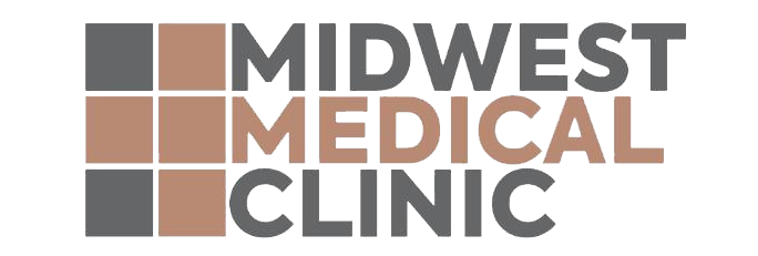 The logo for midwest medical clinic is brown and gray.