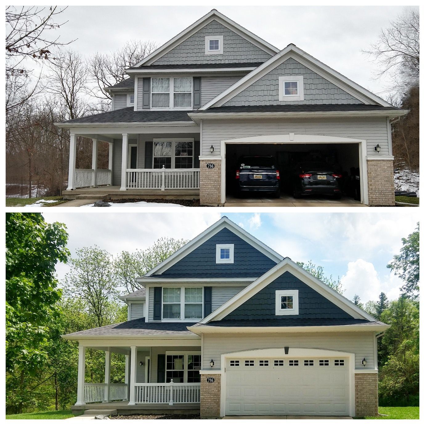 Two-story house with a garage and porch; top image is winter, bottom image is summer with a closed garage door.