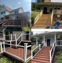 A collage of three pictures of a house with a deck and stairs.