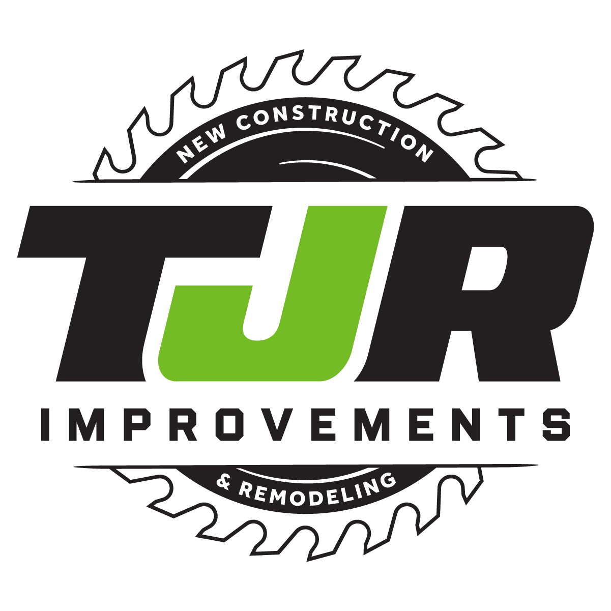 Logo for TJR Improvements, black background with white text and green