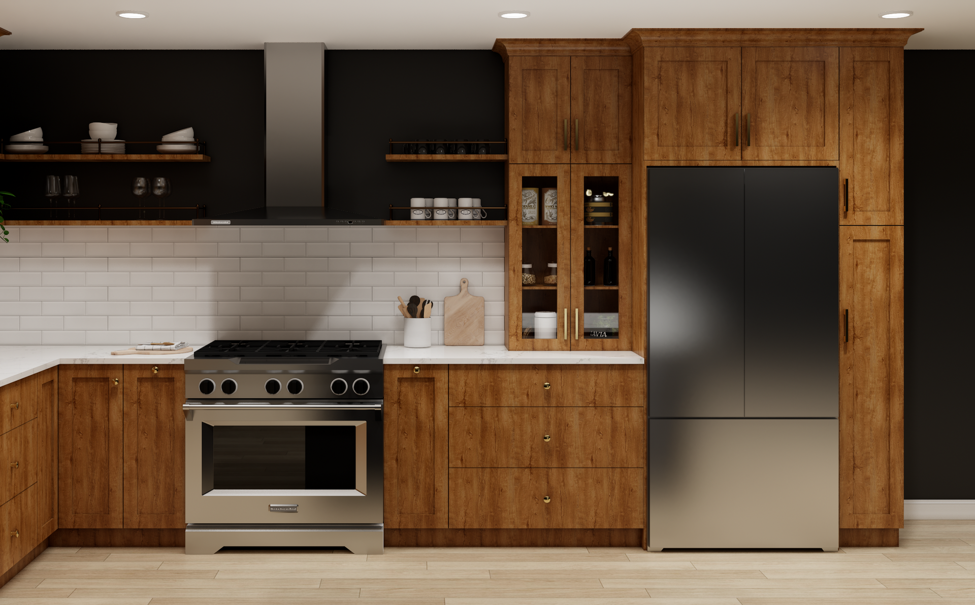 A kitchen featuring warm wood cabinets, a stainless steel range and refrigerator, and a white subway tile backsplash.