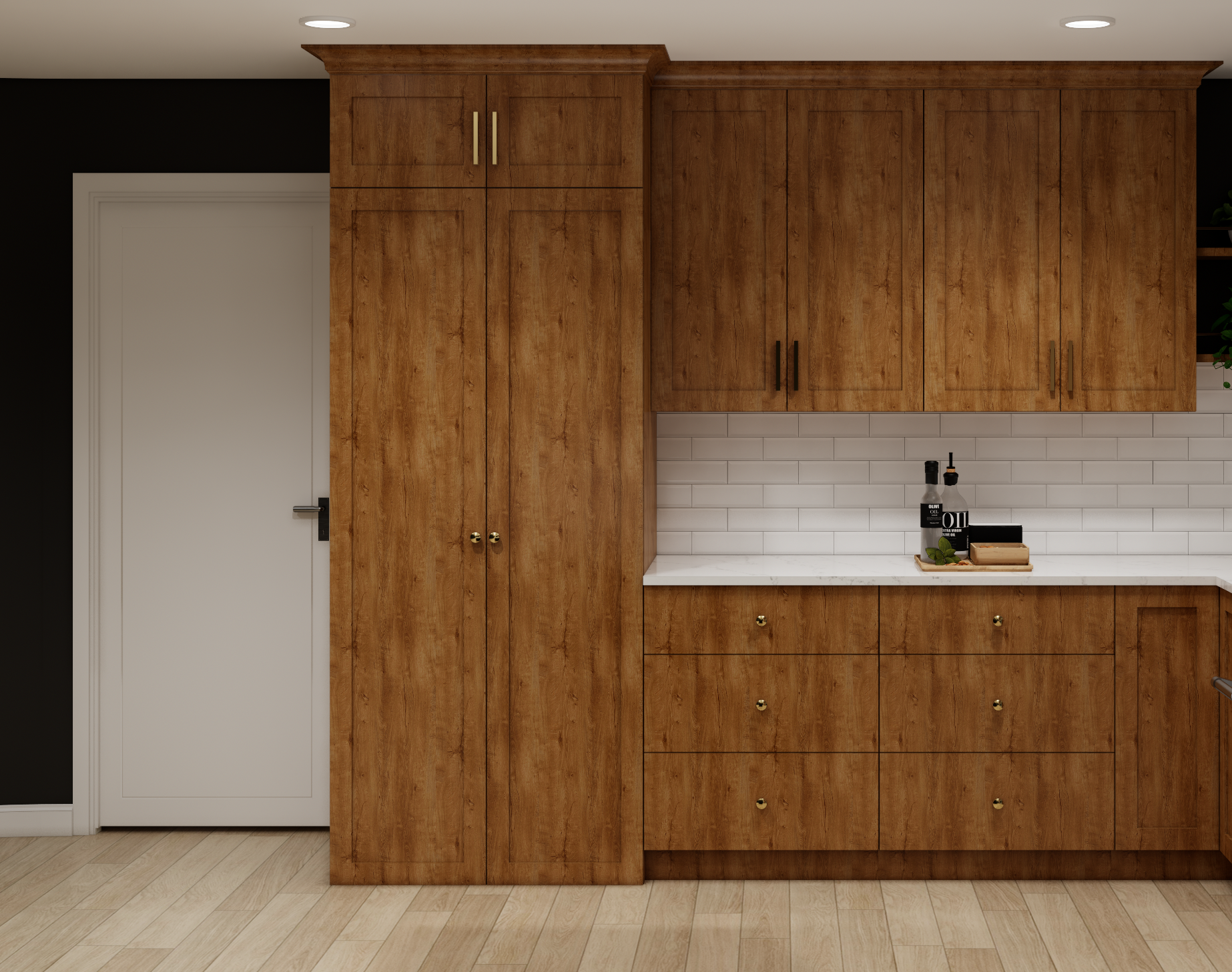 A kitchen wall featuring floor-to-ceiling wood cabinetry, upper cabinets, lower drawers, and a white countertop.