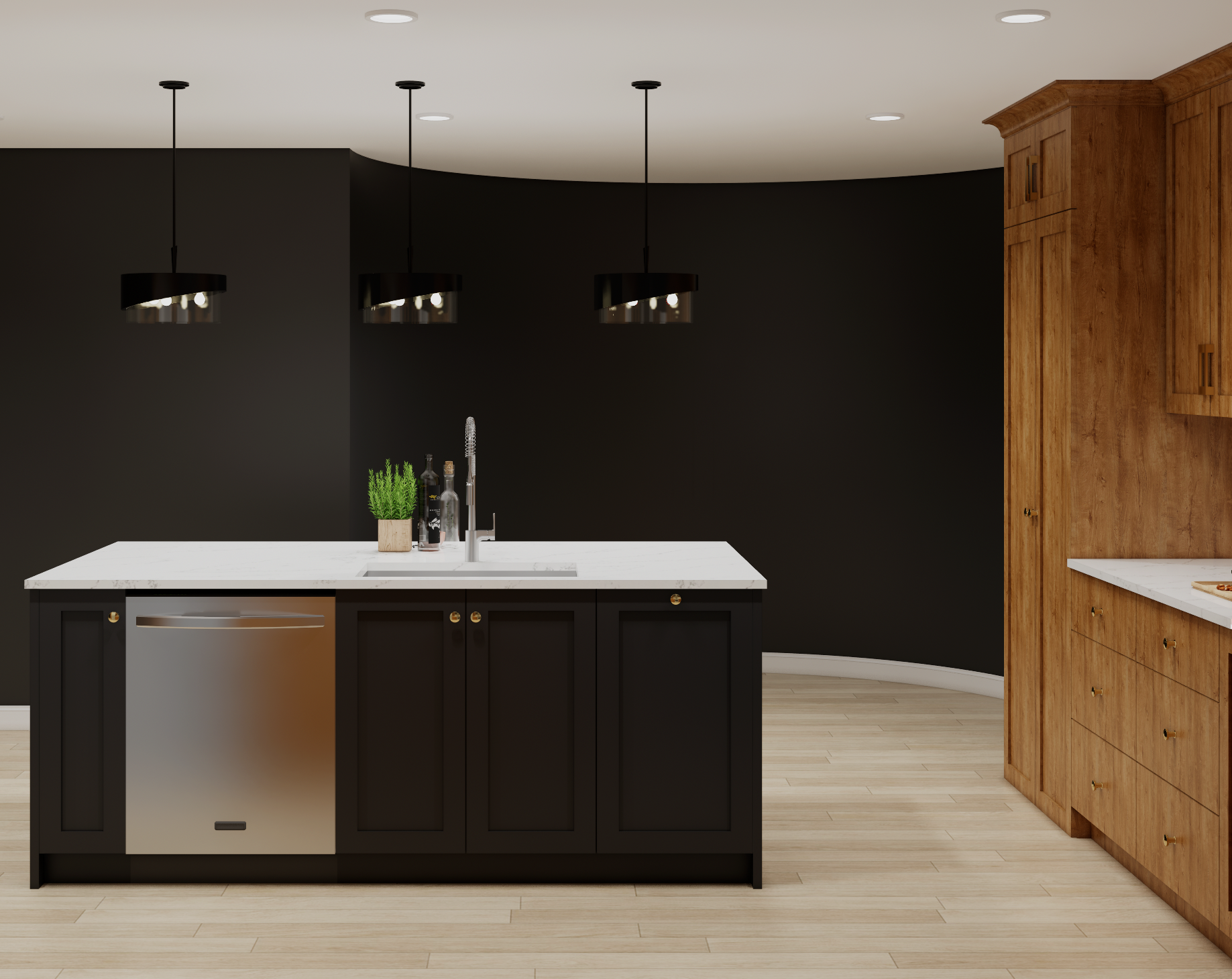 A modern kitchen featuring a dark island with a dishwasher and sink, wooden cabinets, and three hanging pendant lights.