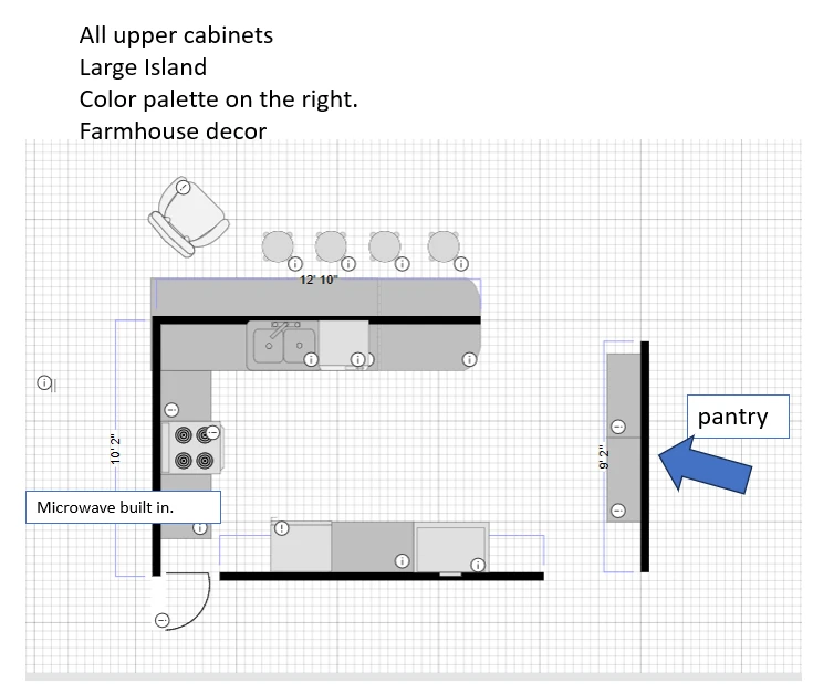 A kitchen plan with all upper cabinets , large island , color palette on the right , farmhouse decor , and pantry.