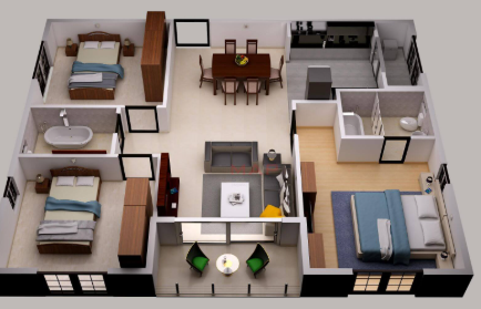 A 3d floor plan of a house with bedrooms and a dining room
