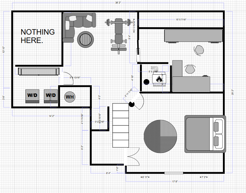 A floor plan layout of a basement featuring a living area, home gym, laundry room, bedroom, and fireplace.