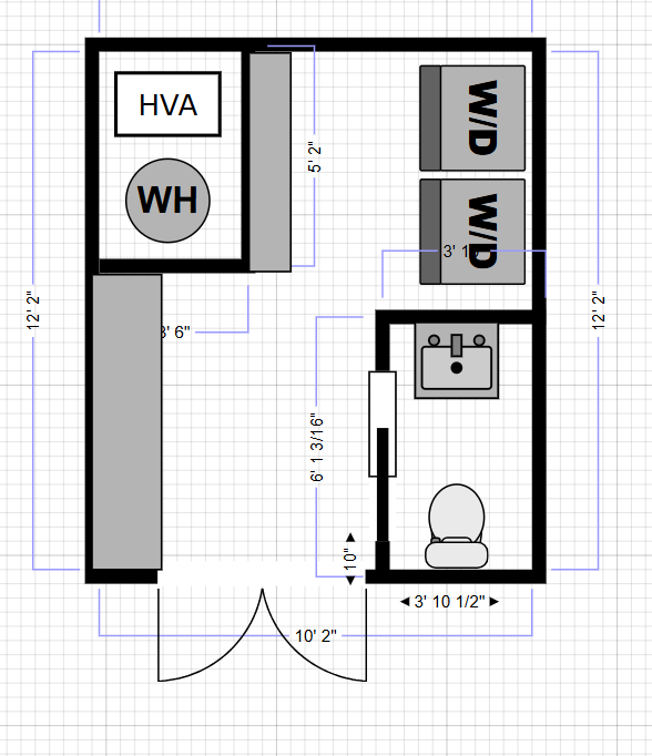 Floor plan showing a utility room with HVAC, water heater, laundry, and a small bathroom with a sink and toilet.