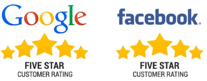 Google and Facebook logos above five-star rating icons with text 
