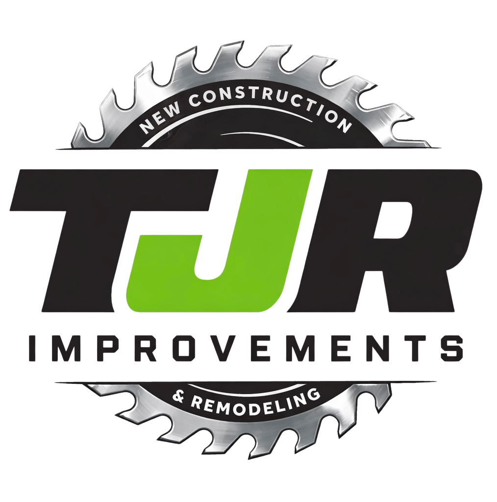 Logo for TJR Improvements & Remodeling, featuring bold black and green lettering inside a circular saw blade graphic.