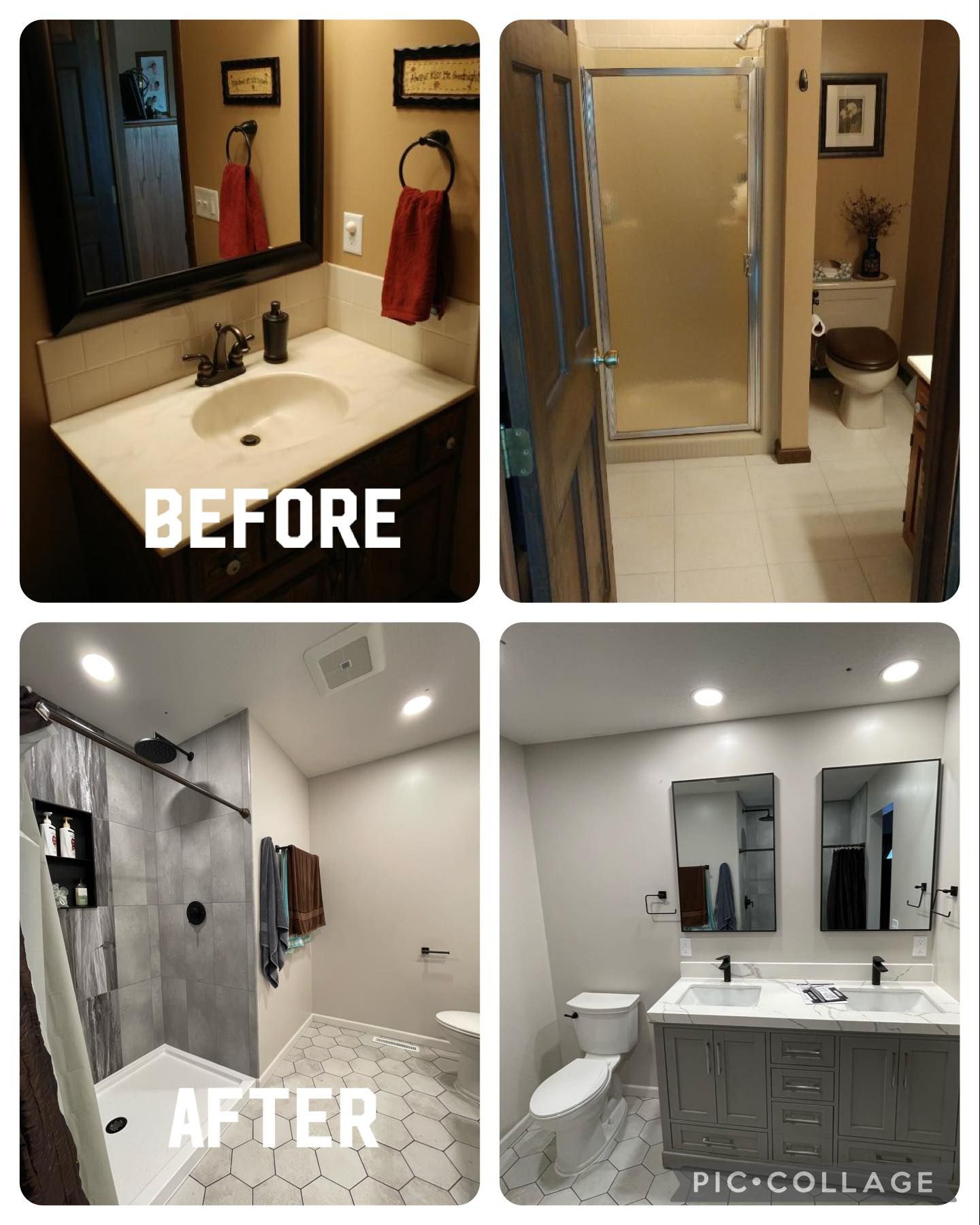 A before and after photo of a bathroom with a sink , toilet and shower.