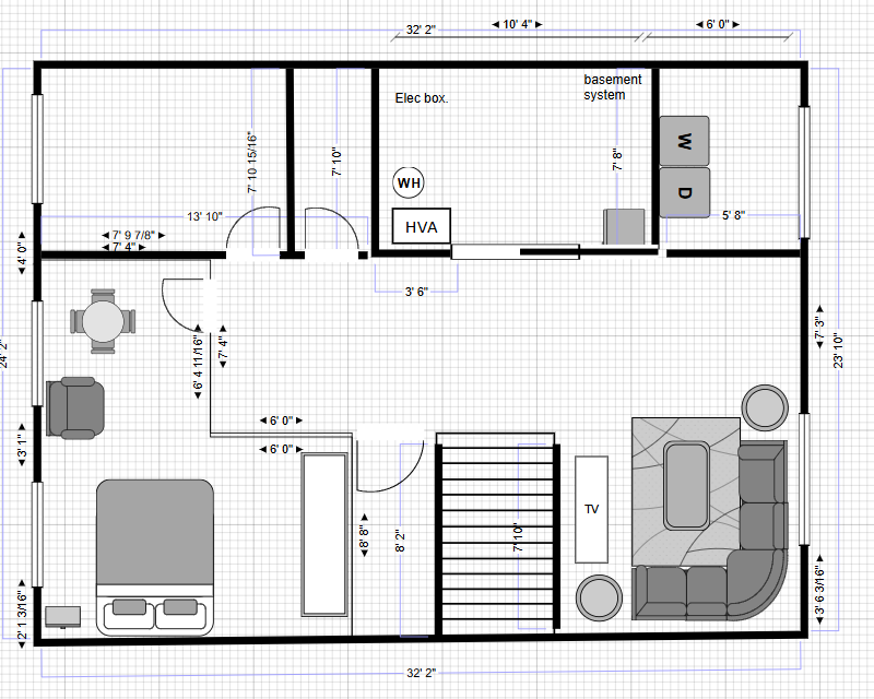 A floor plan of a residential home, displaying a bedroom, living area, laundry room with washer and dryer, and basement.