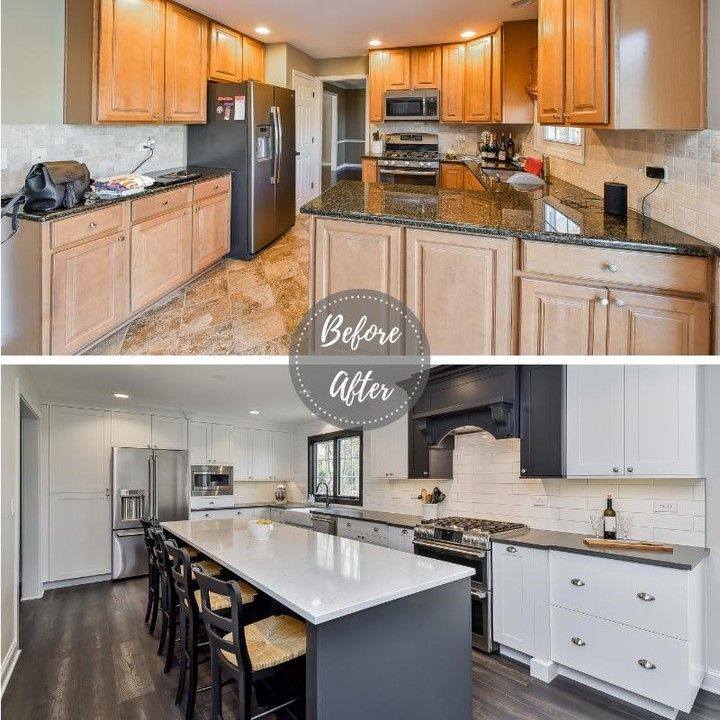 Kitchen renovation before and after: original with light wood cabinets, transformed with a gray island and white cabinets.