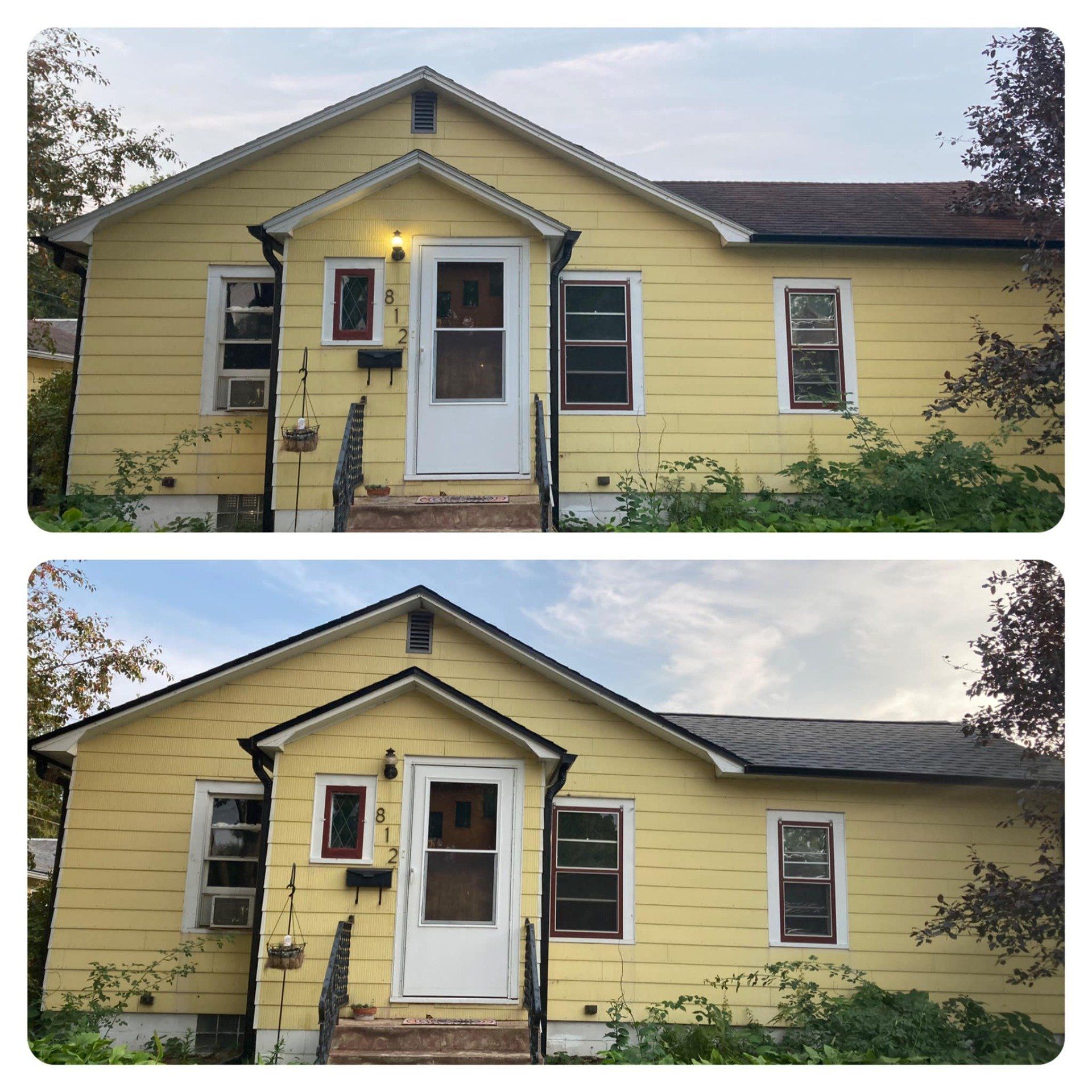 Two views of a yellow house with a white door, windows, and black roof. The first image has a light on.