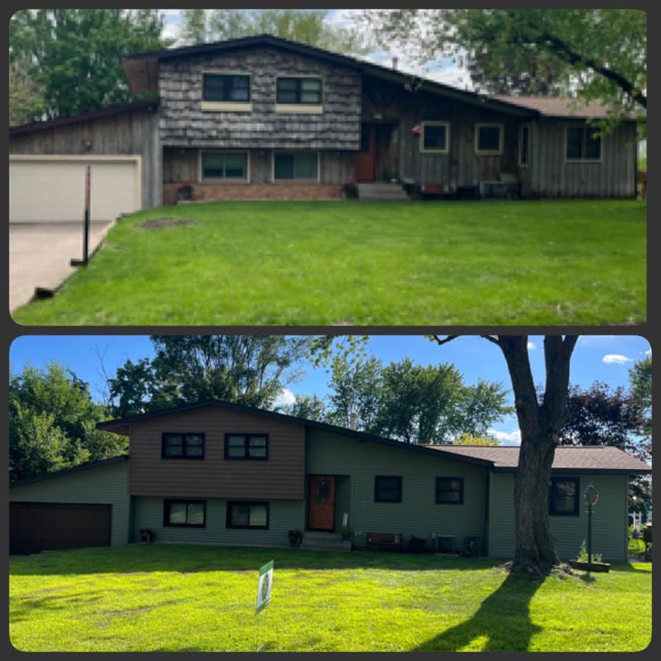 Before and after exterior house renovation: wooden siding replaced with green stucco, new windows and brown trim.