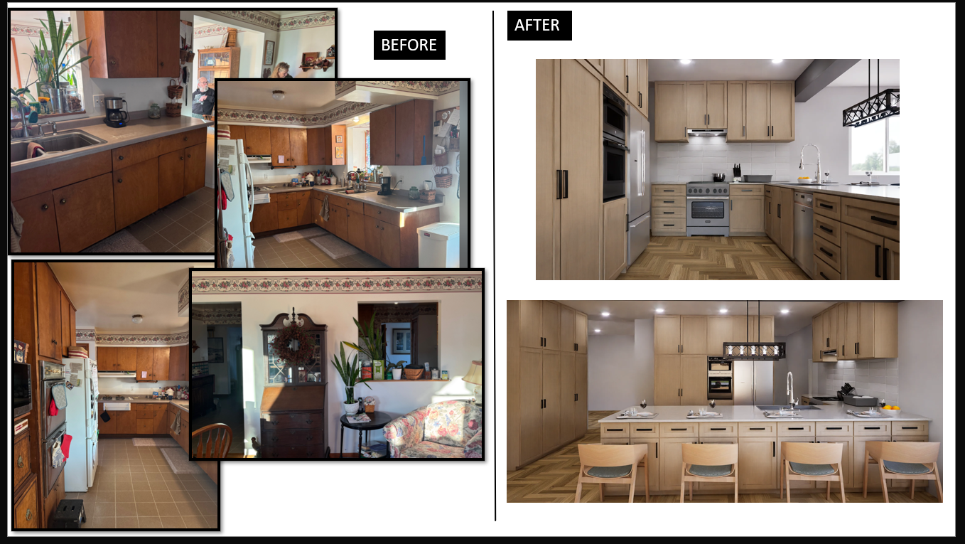 A before and after photo of a kitchen with wooden cabinets and stainless steel appliances.