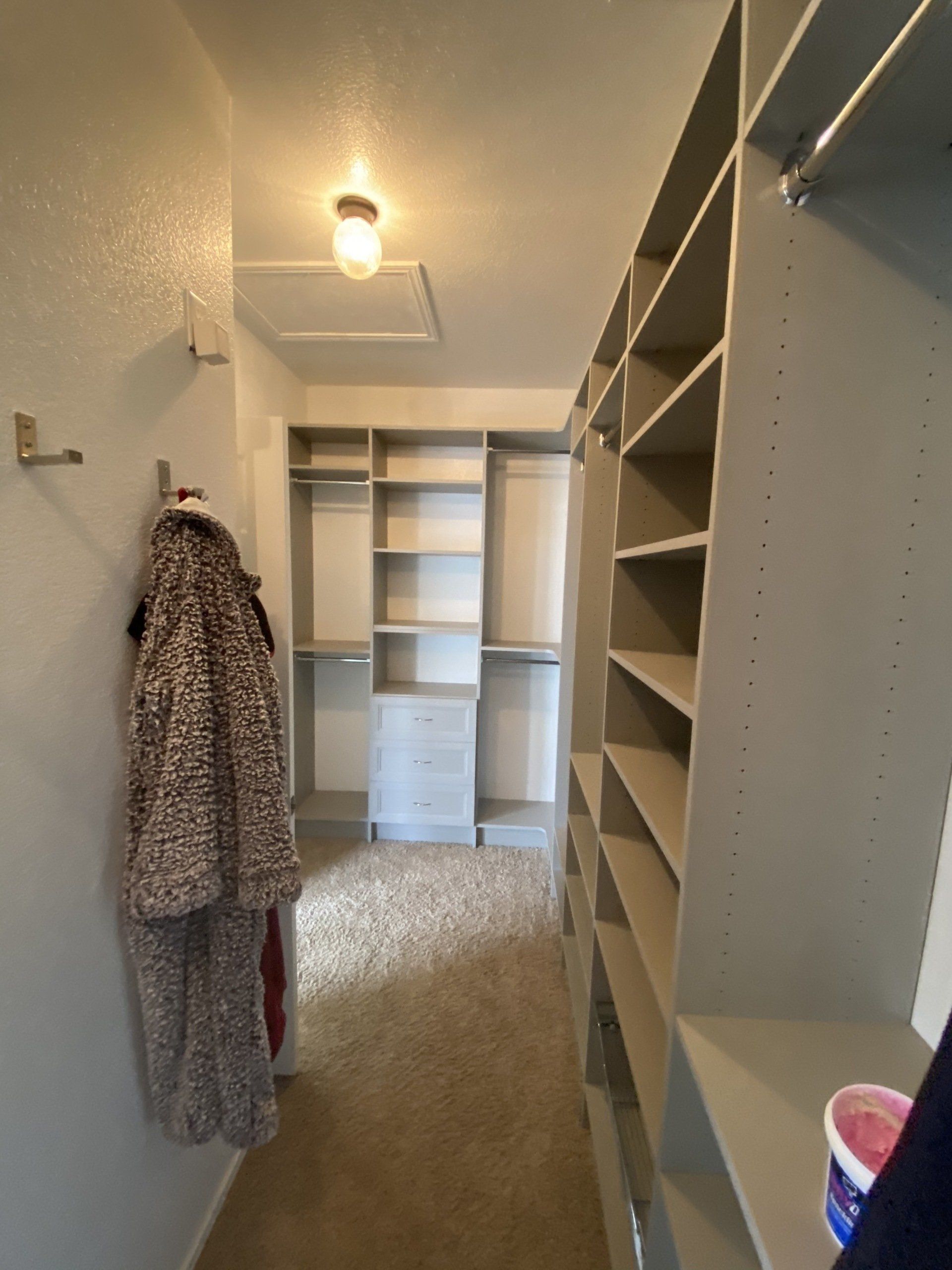 A coat is hanging on a hook in a walk in closet