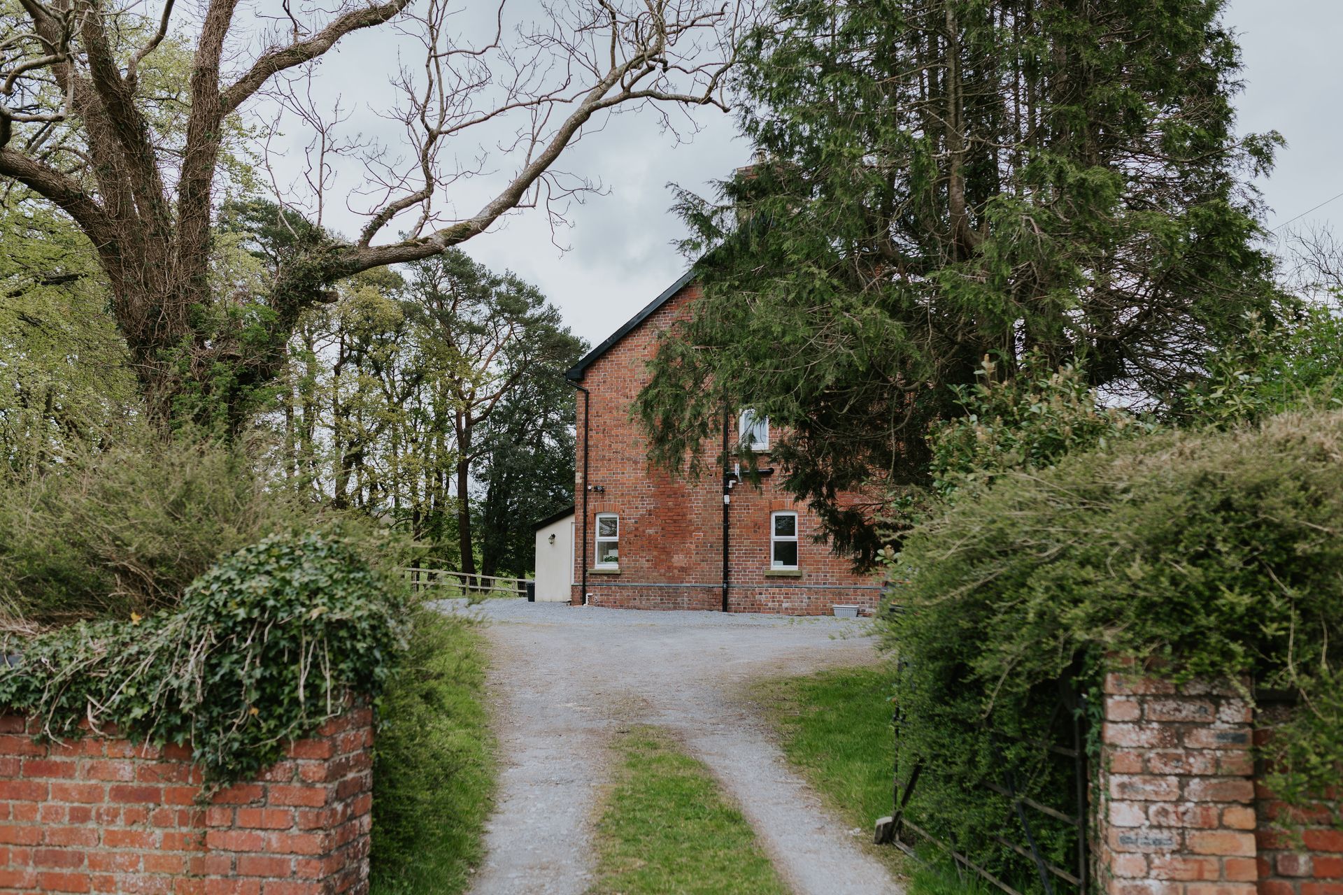Driveway leading to The Farmhouse at Green Grove Barns surrounded by mature trees.