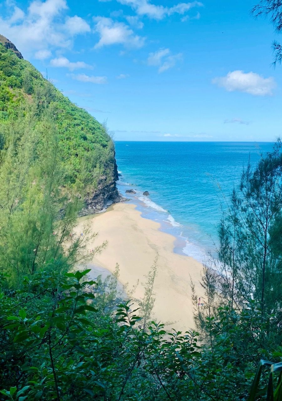 A view of a beach from a cliff overlooking the ocean.