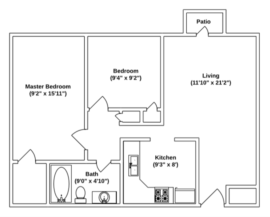 Floor Plan: 2 Bed · 1 Bath · 736 SQ. FT.