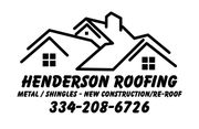 Henderson Roofing logo with roof outline, windows, and phone number.
