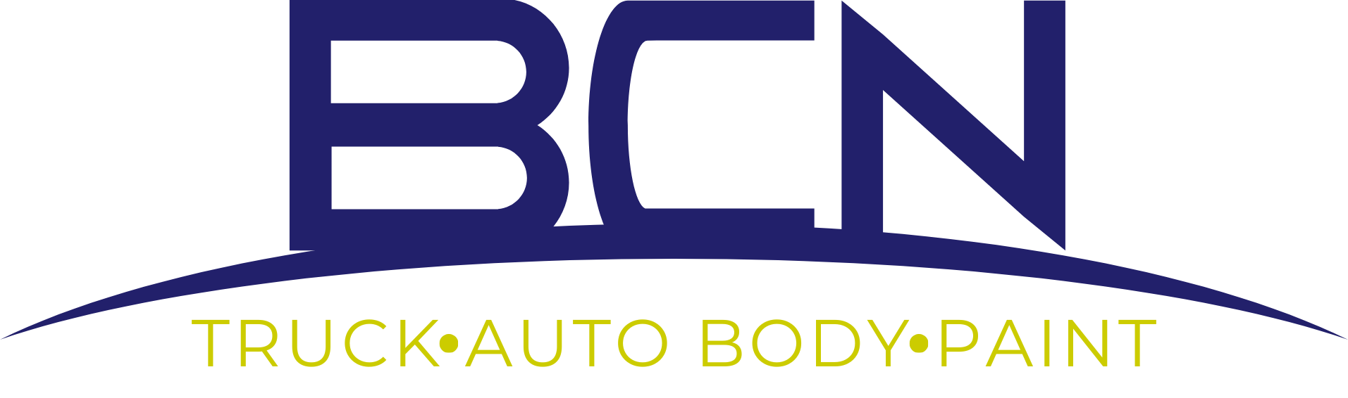 Logo for BCN, a truck, auto body, and paint company. Features dark blue stylized letters with a curved yellow text below.