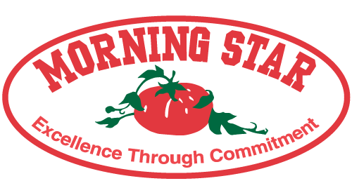 Morning Star logo with red oval, text, tomato, and slogan 
