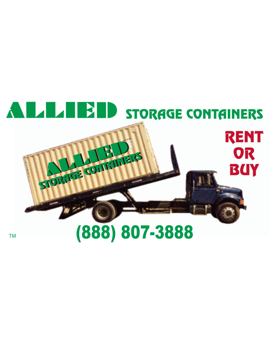 Allied Storage Containers logo: Green and red text, container on a truck, phone number (888) 807-3888. Rent or Buy.