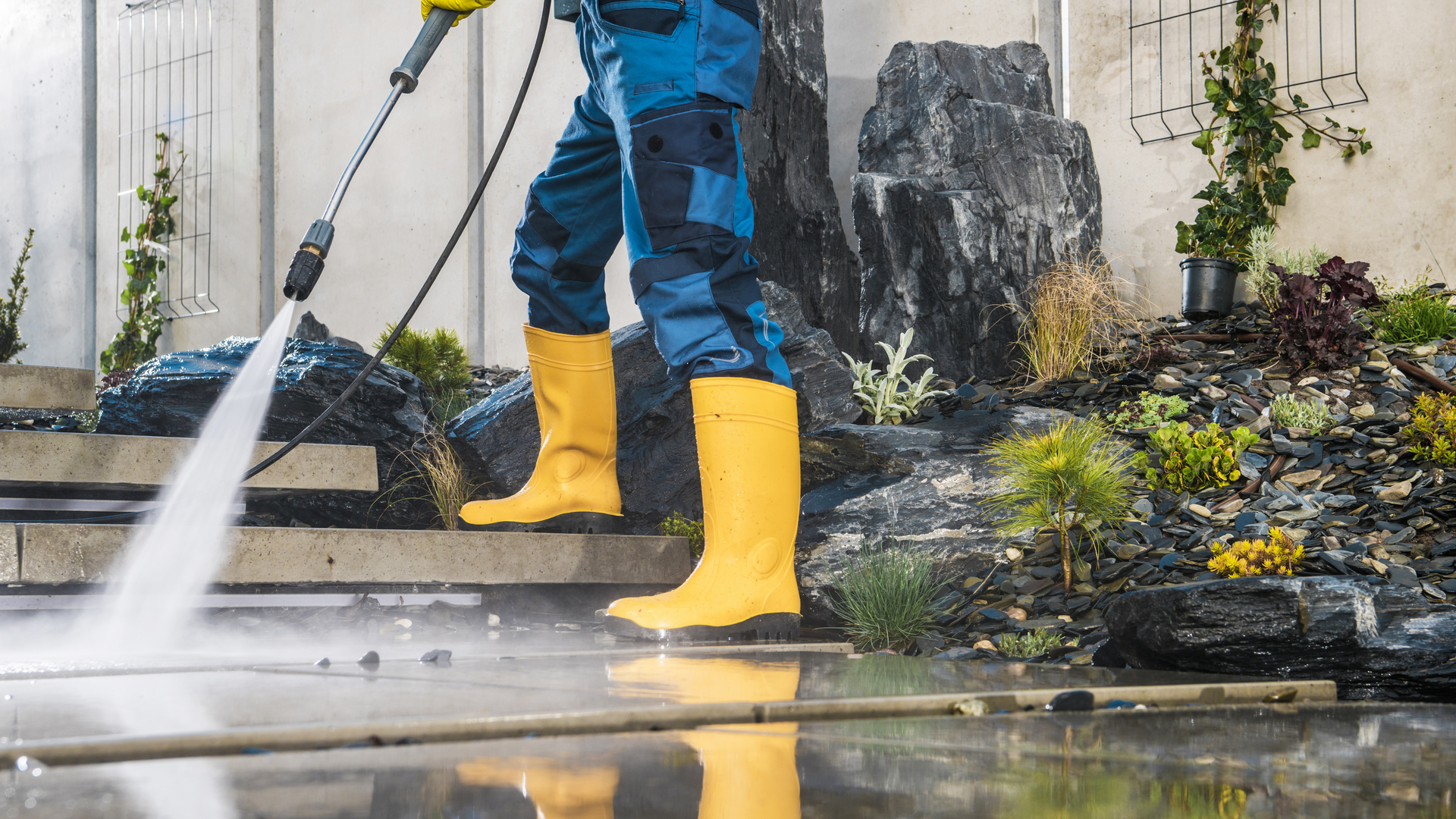 A man in yellow boots is using a high pressure washer to clean a sidewalk.