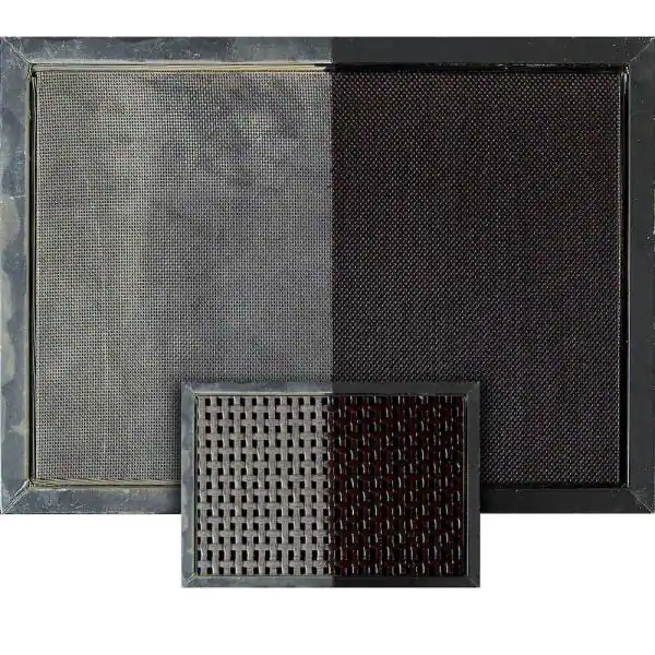 A picture of a dirty and clean filter next to each other.